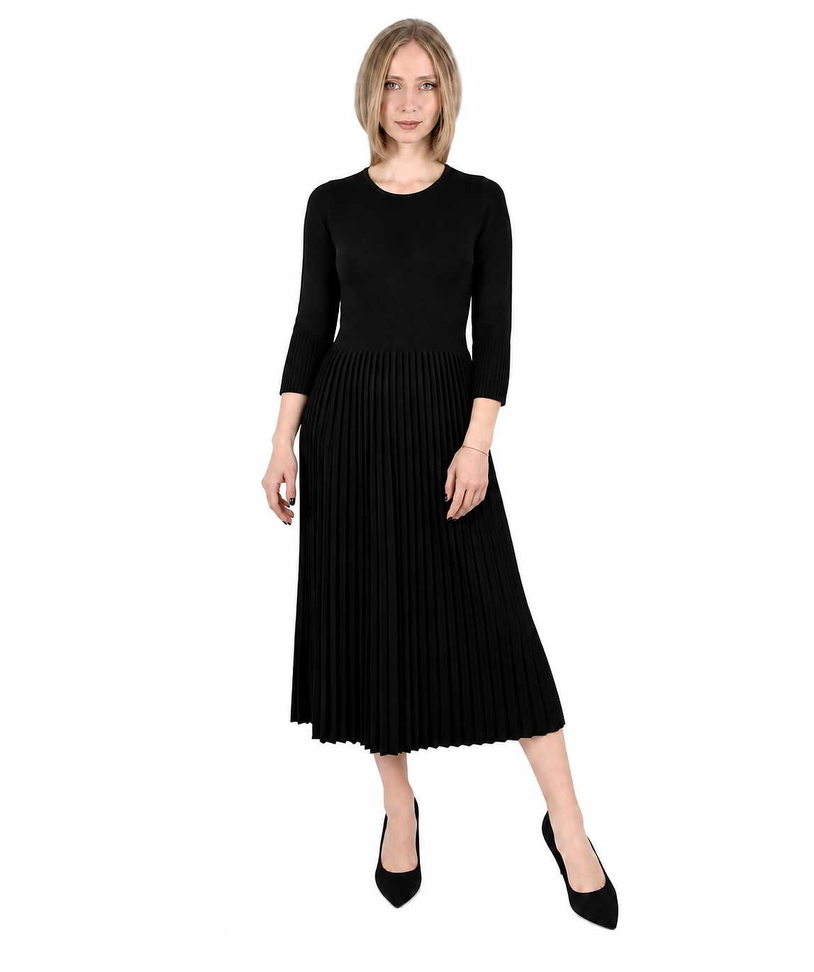 Rochie neagră din lână plisată decolteu rotund